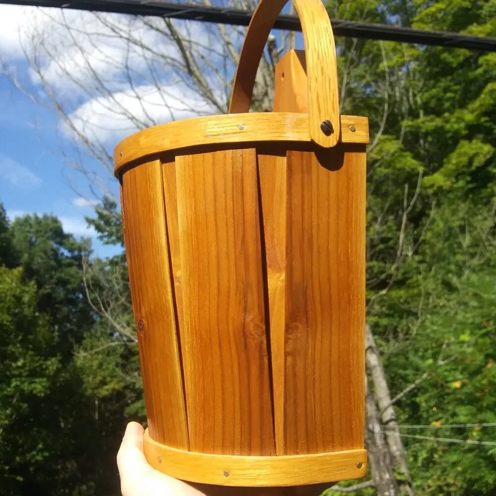 VTG hand crafted artist signed wood half bucket with handle primitive farmhouse